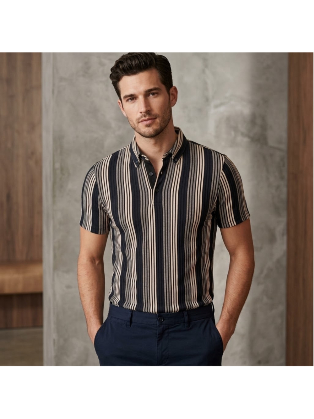 EXPRESS Mens Textured Striped Collared Polo Shirt Short Sleeve Black Beige Small